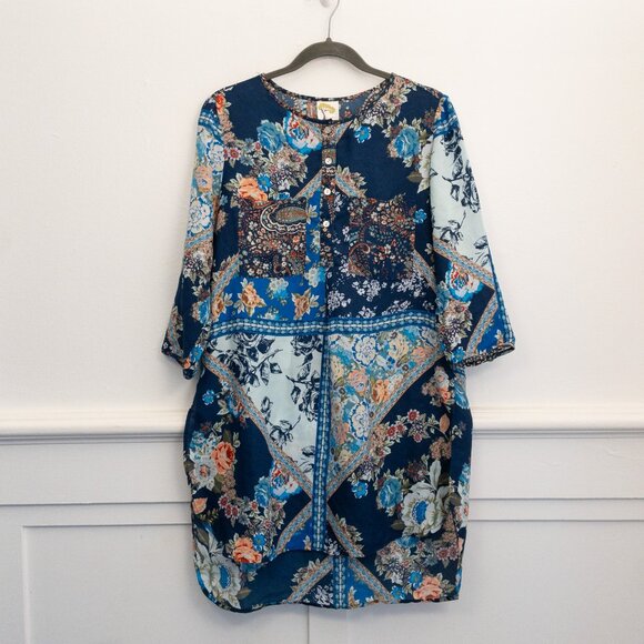 fig and flower Tops - Fig and Flower Boho Floral Patchwork Tunic Top Medium Blue Paisley Blouse
